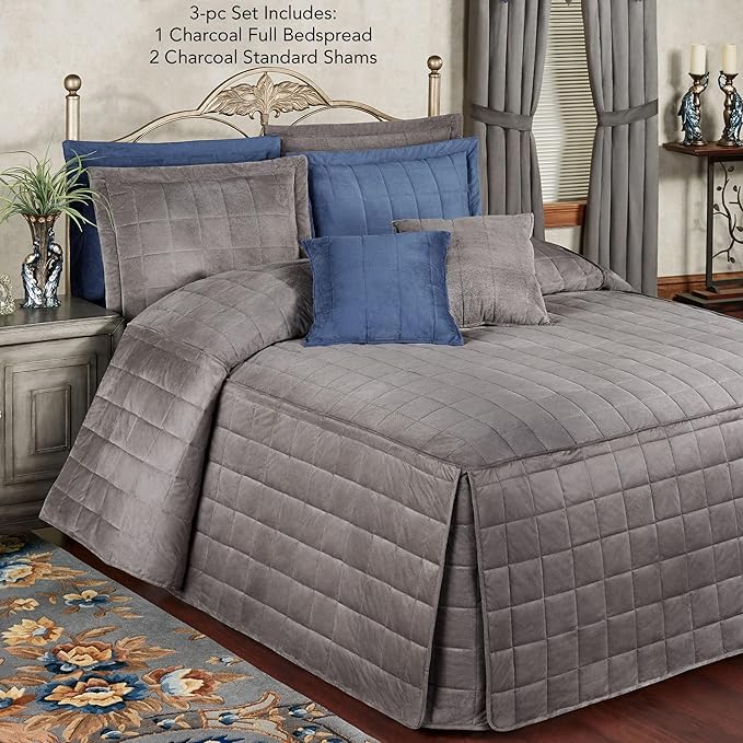 Touch of Class Camden Luxury Bedding | Neutral Charcoal Gray Color | Grande Fitted Bedspread | Faux Suede Box Quilted Design | Designed 3 Piece Set Includes Full Bedspread and 2 Standard Shams