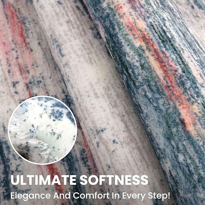 2x8 Modern Abstract Runner Rug for Hallways, Teal Blue Peach Gray Multi Super Soft Hallway Decor Kitchen Rugs with Non-Slip, Non-Shedding Washable Rug for Entryway Bedroom Laundry Indoor