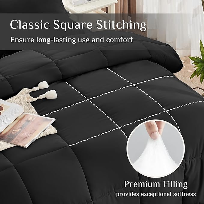 JOLLYVOGUE Twin XL Comforter Set, Ultra-Soft Bed in a Bag Twin XL Size 5 Pieces, Oeko-TEX Certified Bedding Set with Down Alternative Comforter, Sheets, Pillowcases & Shams, Black