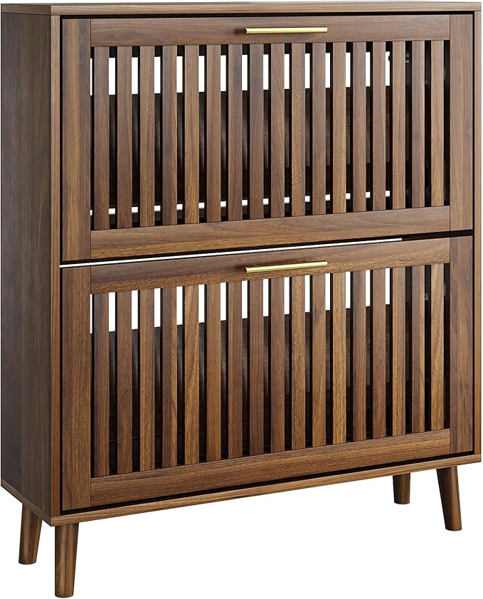 Vibe & Dine Shoe Cabinet with 2 Flip Drawers, Narrow Shoe Organizer with Gold Handles, Freestanding Shoe Storage Cabinet for Entryway Slim, Wood Shoe Rack for Hallway, Bedroom, Walnut