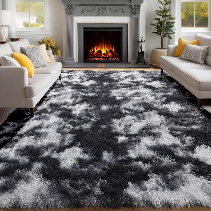 PAGISOFE Black White Grey Rugs for Living Room 5x8, Shag Fuzzy Fluffy Rectangular Rugs for Kids Room Playroom Classroom Dorm Shaggy Soft Carpet for Home Decor Aesthetic Plush Bedside Rug Modern Cool