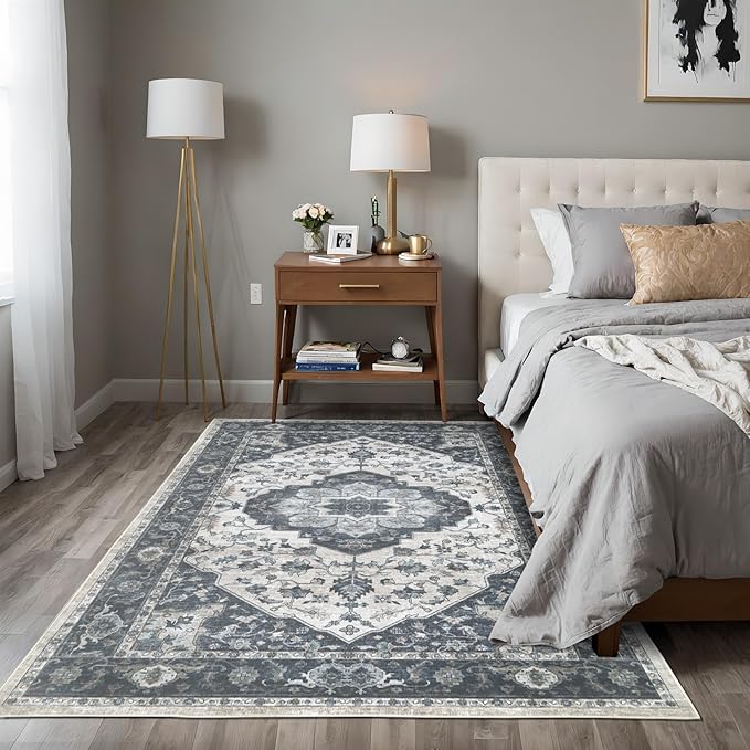 5x7 Vintage Washable Area Rug for Living Room,Low Pile Non Slip Carpet Non-Shedding Area Rug Soft Indoor Stain Resistant Rug Floral Print Mat for Bedroom Dining Room Blue Beige