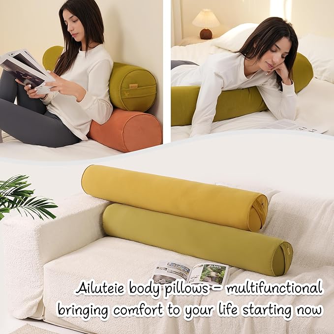 Long Round Body Pillow for Adults – Bolster Pillow for Bed, Cervical Roll Pillow, Firm Support for Sleeping,39.37 x 7.87 Inches,Golden Yellow