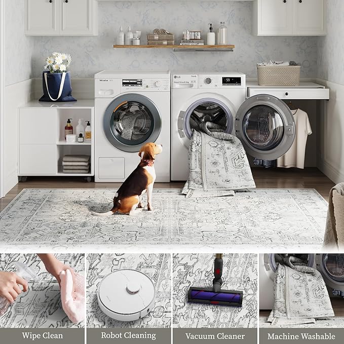 jinchan Lima Kitchen Runner Rug 3x8-2pcs, Bohemian Hallway Washable Rug Floral Non Slip with Rubber Backing Vintage Carpet Runner for Bedroom Bathroom Laundry Room Living Room Decor Grey