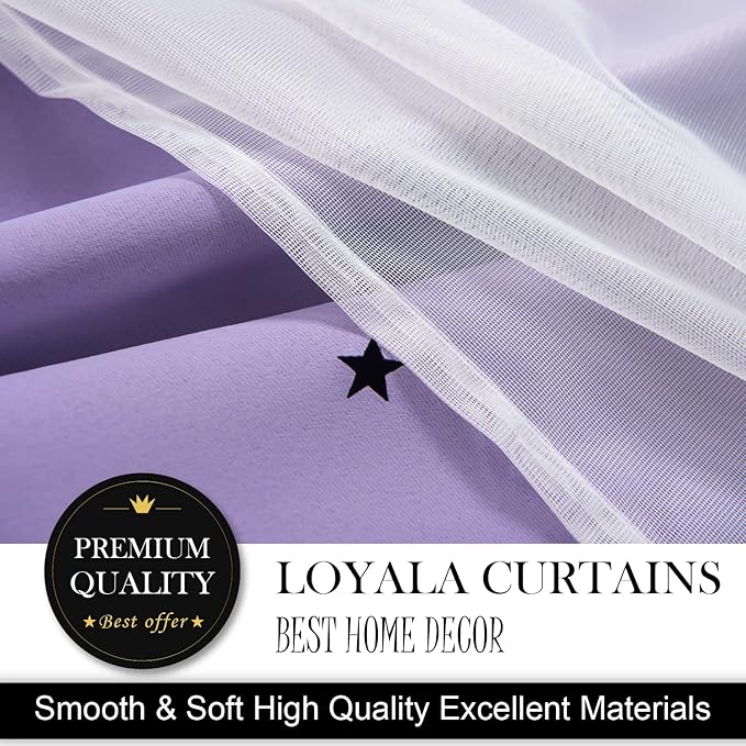 Stars Curtains for Kids, Double Layer Curtains, Blackout Curtains for Bedroom, Kids Curtains, Cute Curtains, Kids Blackout Curtains, Set of 2 Panels, Purple Curtains, 52 X 63 Inches