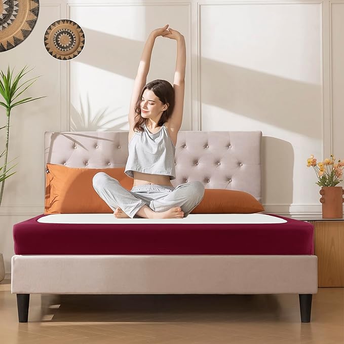 Biscaynebay Decorative Box Spring Cover Queen Size, Burgundy Luxurious Jersey Knitting Stretchy Wrap Around 4 Sides Bed Skirt for Home/Hotels, Easy Fit Wrinkle & Fade Free Machine Washable