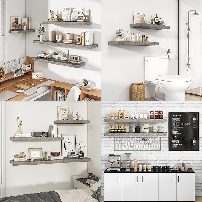 RICHFOCUS 24Inch Floating Shelves for Wall 2 Pack Shelves for Bedroom|Kitchen|Bathroom Wall Mounted Rustic Wood Floating Shelf with Invisible Brackets for Books|Storage|Decor, Grey