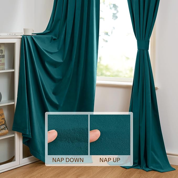 StangH Teal Velvet Blackout Curtain Panels Vintage Style Privacy Farmhouse Curtains Thermal Insulated Curtains for Sliding Glass Door/Guest Room, 52 x 96-inch, 2 Pcs