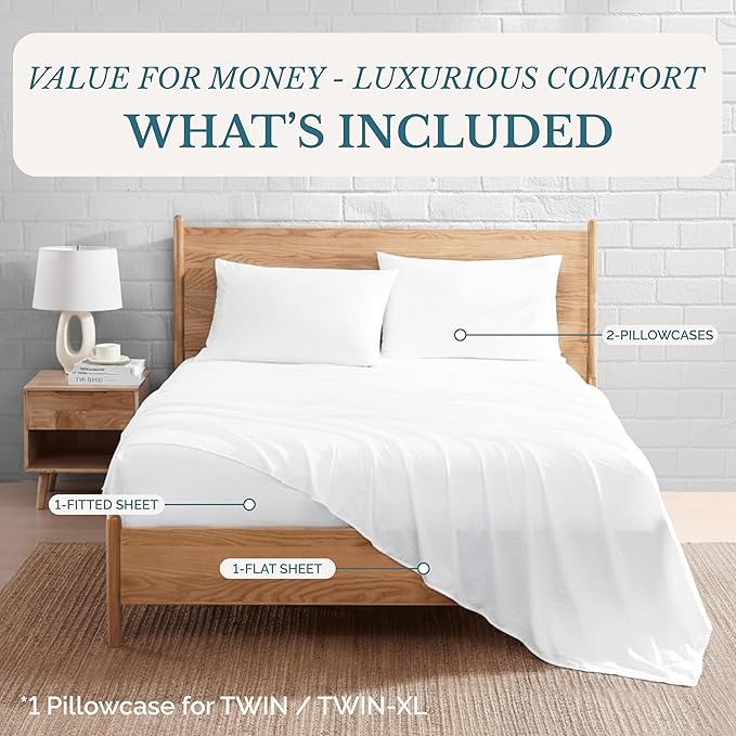 Casa Platino King Bed Sheets, Pre-Washed Brushed Microfiber King Sheets, Soft & Cozy Bedding, 4 Piece Set, Ultra Soft & Breathable Bedding, Deep Pocket 15 Inch Sheet & Pillowcase Sets– White