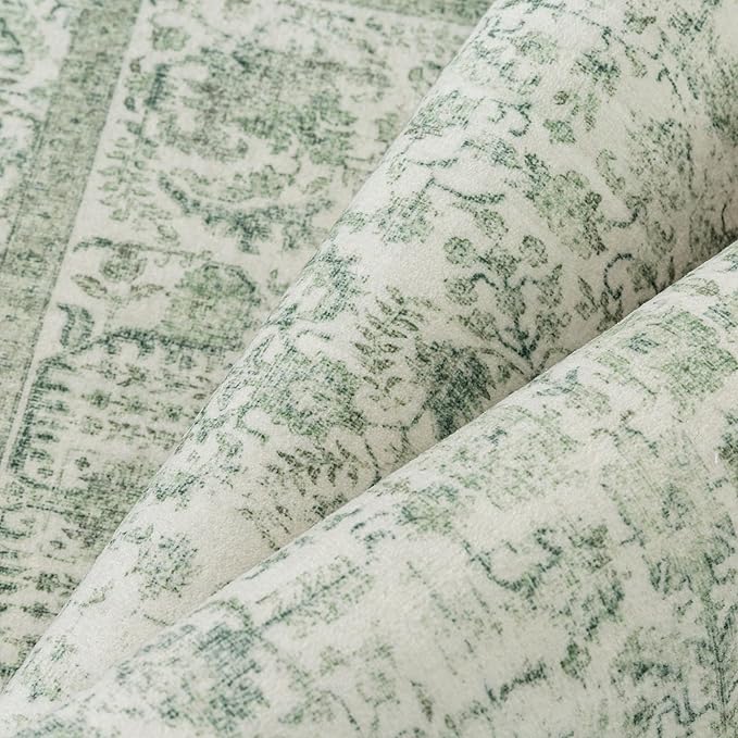 Sage Green Area Rug 9x12 Living Room Washable Carpet Vintage Distressed Non Slip Bedroom Carpet Neutral Low Pile Retro Floral Farmhouse Large Rug Home Office Dining Room Playroom