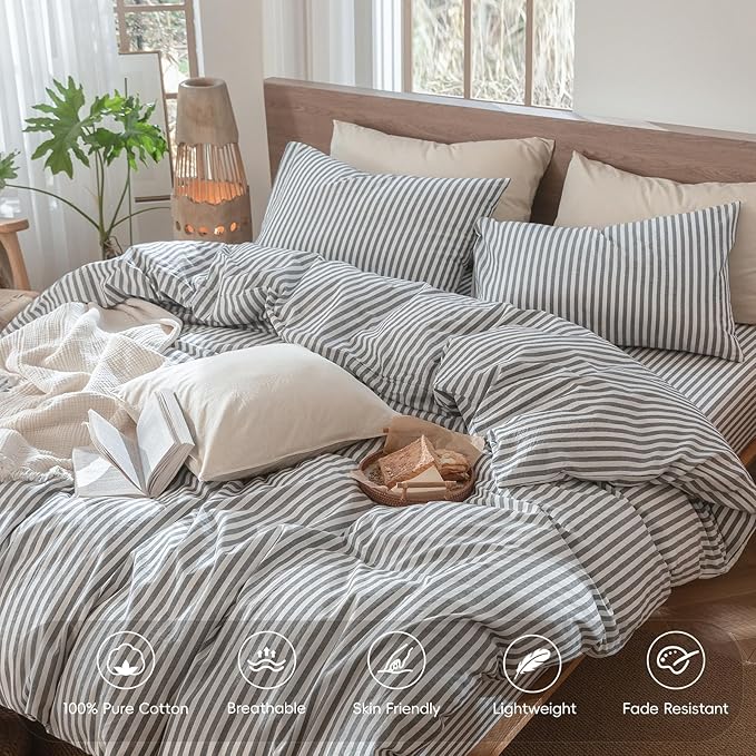 MooMee Striped Duvet Cover Set 100% Washed Cotton Linen Like Textured Breathable Durable Soft Comfy (Dark Grey White Classic Stripes, Super Queen 90"x98")