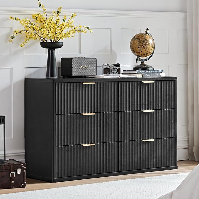 LEYAOYAO Fluted Dressers & Nightstand Set of 3, Wood 48" Wide Dresser & 42" Tall Chest of Drawers,Modern Bedroom Furniture Sets, Black Wooden Nightstand with 3 Drawers & Charging Station
