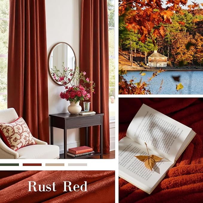 Lazzzy Velvet Blackout Curtains Thermal Insulated Room Window Drapes Super Soft Luxury Curtains for Living Room Bedroom Rod Pocket 2 Panels, Rust Red, 52" W x 90" L