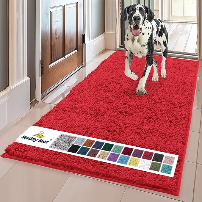 Muddy Mat® Shown on TV – Super Absorbent Door Mat Indoor, Microfiber Quick Dry Chenille Entryway Rug, Non-Slip Front Door Mat, Indoor Mats for Entryway, Machine Washable Pet Rug, Red 36"x72"