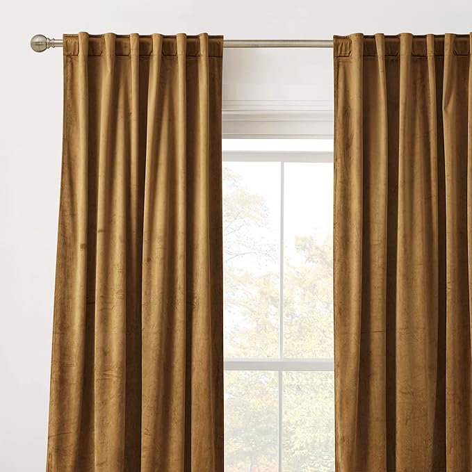 RYB HOME Gold Brown Velvet Curtains 72 inches for Farmhouse - Smooth Plush Privacy Blackout Energy Efficient Window Treatment Vintage Luxury Decoration for Retro Bedroom, 2 Pieces