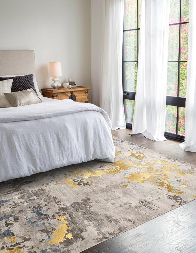 vivorug Washable Rug, Ultra Soft Area Rug 6x9, Non Slip Abstract Rug Carpet, Stain Resistant Rugs for Living Room Bedroom, Modern Fluffy Rug (Grey/Mustard, 6'x9')