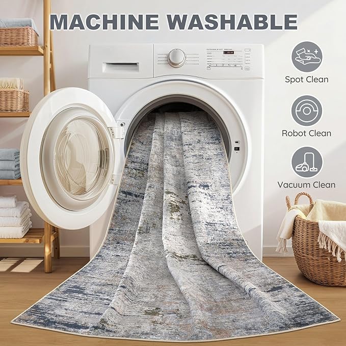Area Rug Living Room Rugs - 9x12 Washable Large Soft Indoor Neutral Modern Abstract Low Pile Rug Carpet for Bedroom Dining Room Farmhouse Home Office - Blue/Grey/Brown
