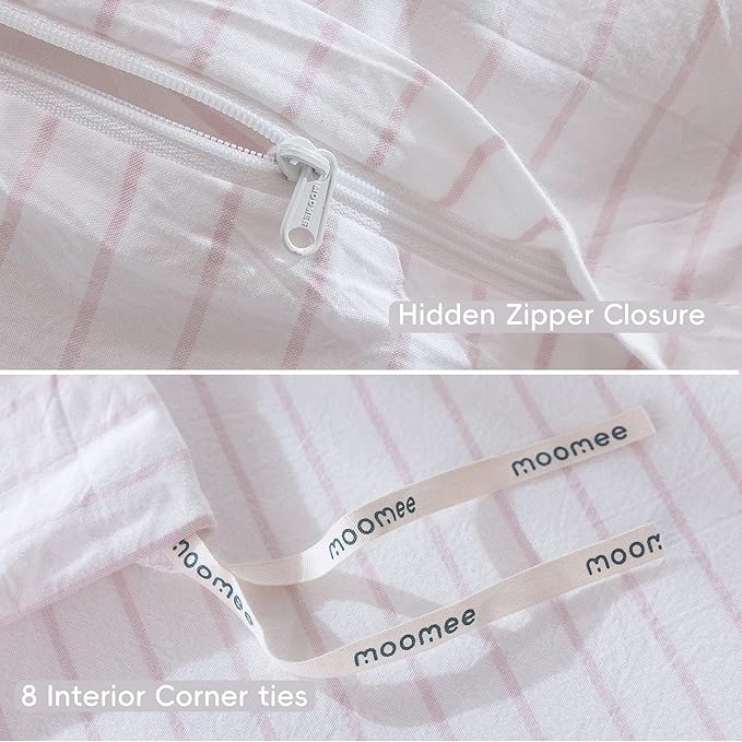 MooMee Striped Duvet Cover Set 100% Washed Cotton Linen Like Textured Breathable Durable Soft Comfy (White Heathered Greyish Pink Wide Stripes, Queen 90"x90")