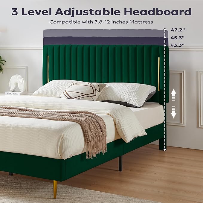 Twin Platform Bed Frame, Velvet Upholstered Bedframe with Vertical Channel Adjustable Headboard, Golden Plating Trim, Mattress Foundation with Wooden Slats, No Box Spring Needed, Green