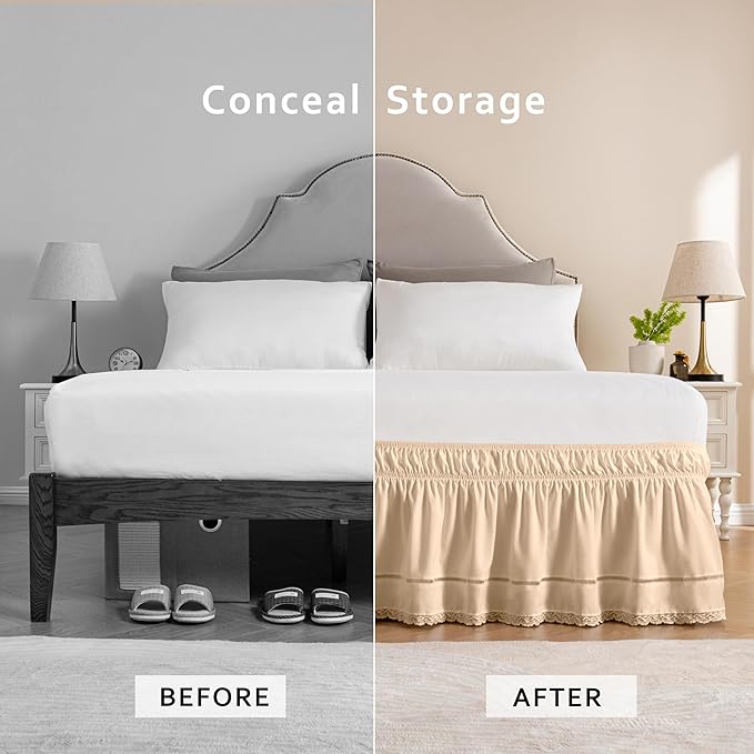 MIYE Wrap Around Ruffled Lace Bed Skirt, Elastic Dust Ruffle with Adjustable Belts, Easy to Put On, Bed Frame Cover, Machine Washable (Floral Lace/Beige, King/Queen-18 Drop)