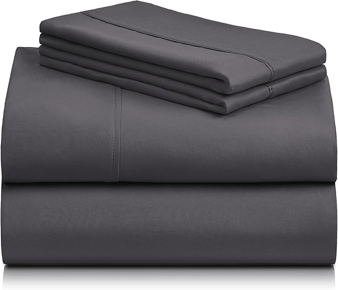 LuxClub 4 PC Queen Sheet Set, Deep Pockets Wrinkle Free Cooling Bed Sheets Hotel Bedding for Women, Men, Includes 1 Fitted Sheet, 1 Flat Sheet and 2 Pillowcases-Dark Grey