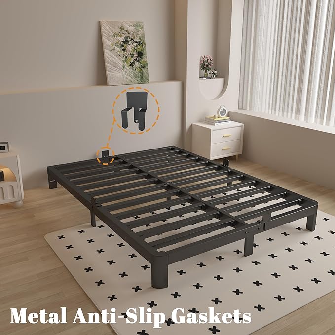 4 Inch Full Size Bed Frame with Metal Gaskets, Black Bed Frame Full No Box Spring Needed, Rounded Corner Design, Heavy Duty Steel Platform Support, Reserved Holes, Noiseless, Easy Assembly