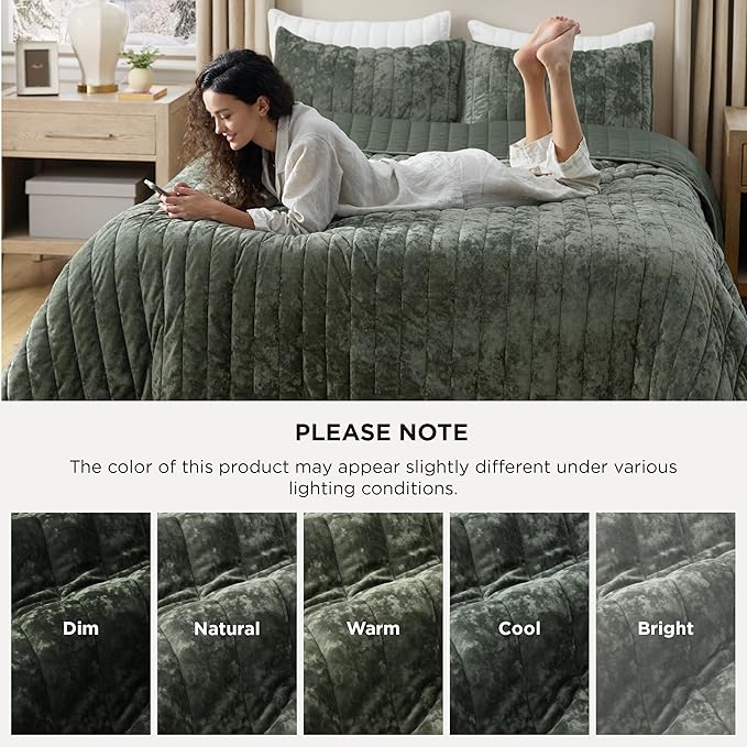 Bedsure Velvet Quilt King Size - 108"x96" Oversized King Size Comforter Set, Luxury Velvet Comforter Bedspread Coverlet, Ultra-Soft Winter Bedding Set with 2 Pillow Shams, Olive Green