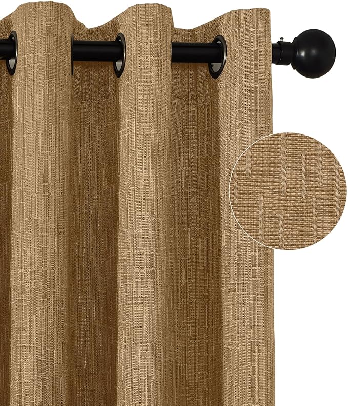 Jacquard Linen Curtains 84 inch Length 2 Panels Thick Faux Linen Blended Window Drapes Burlap Textured Curtains with Grommet for Living Room Bedroom Farmhouse (52x84 Light Coffee) Natural