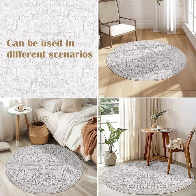 jinchan Lima Round Rug 7ft Vintage Machine Washable Area Rug Indoor Circle 7' Ultra-Thin Non-Slip Floral Print Carpet for Farmhouse Entryway Dining Room Living Room Bedroom Office (7'Round, Taupe)