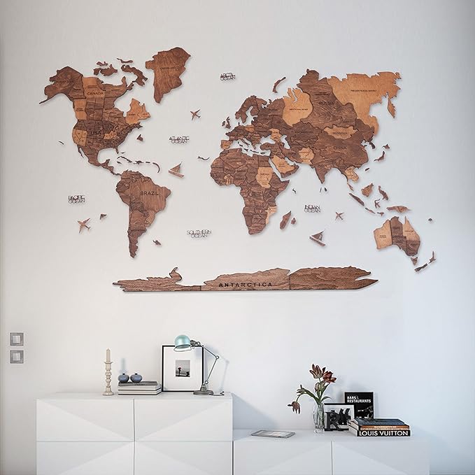 Handmade 3D Wood World Map Wall Art Large Wall Decor Track Your World Travels - Special for Home, Kitchen and Office (Medium, Oak)