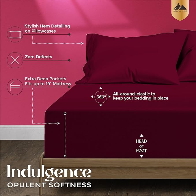Mayfair Linen 100% Egyptian Cotton Sheets King Size - Luxury 1200 High Thread Count Egyptian Cotton King Size Sheets Set (4 PC, Burgundy), Soft, Cooling, 17" Deep Pocket Sateen Weave Hotel Bedding