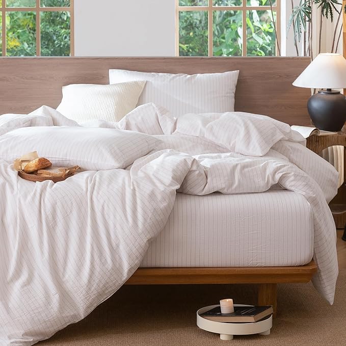 MooMee Striped Duvet Cover Set 100% Washed Cotton Linen Like Textured Breathable Durable Soft Comfy (White Heathered Greyish Pink Wide Stripes, Queen 90"x90")