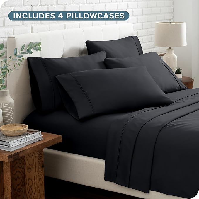 Bare Home Hotel Luxury King Sheet Set, Extra Soft - 6 Piece Set - Deep Pockets - Easy Fit - Cooling & Breathable - Wrinkle, Fade, Stain Resistant - Includes 4 Pillowcases (King, Black)