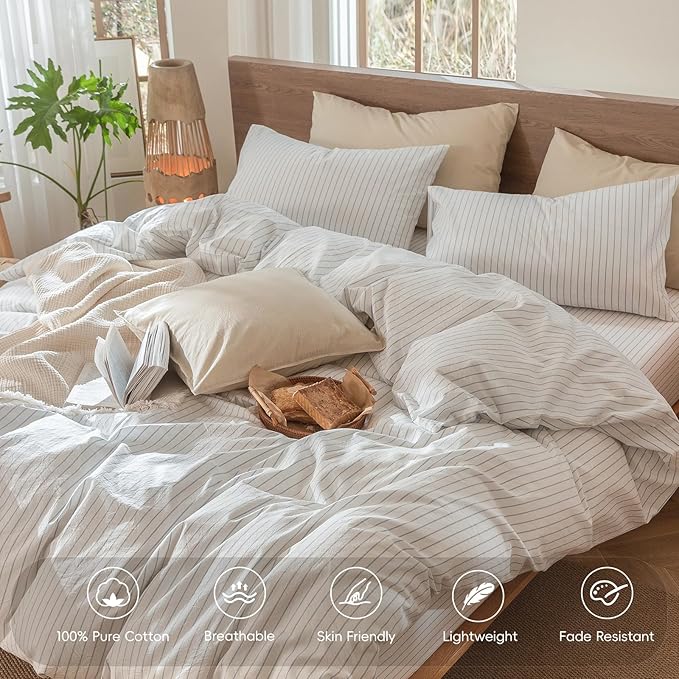 MooMee Striped Duvet Cover Set 100% Washed Cotton Linen Like Textured Breathable Durable Soft Comfy (White Cornflower Blue Wide Stripes, Alaska King 132"x120")