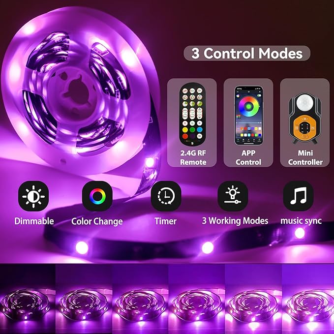 Under Bed Lights Motion Sensor LED Light Strip, 20ft 3 Mode RGB Motion Activated Bed Light with Music Sync and Timer, Color Changing Dimmable LED Light for Bedroom Stair
