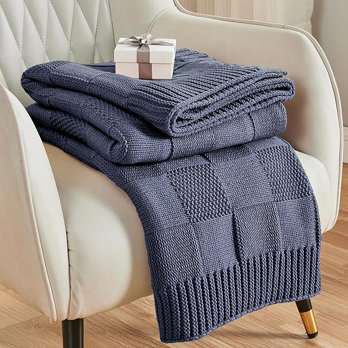 CozeCube Check Knit Throw Blanket, Steel Blue Checkered Throw for Couch, Decorative Christmas Soft Cozy Warm Knitted Blanket for Bed Sofa Living Room, 60"X80"
