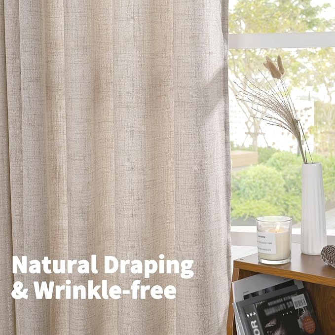 YoungsTex Natural Linen Curtains 45 Inch Length for Short Window Linen Textured Curtains with Bronze Grommet Light Filtering Drapes for Kitchen Small Window, 2 Panels, 52 X 45 Inch