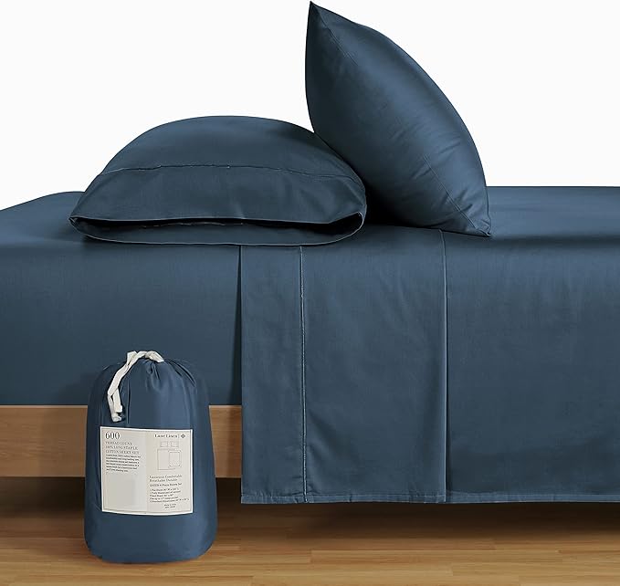 LANE LINEN King Bed Sheets – 600 Thread Count Long-Staple 100% Cotton King Size Bed Sheets, Hotel Luxury Soft Silky Sateen Weave, Durable for Daily Use, Fully Elasticized 15" Deep Pocket – Denim