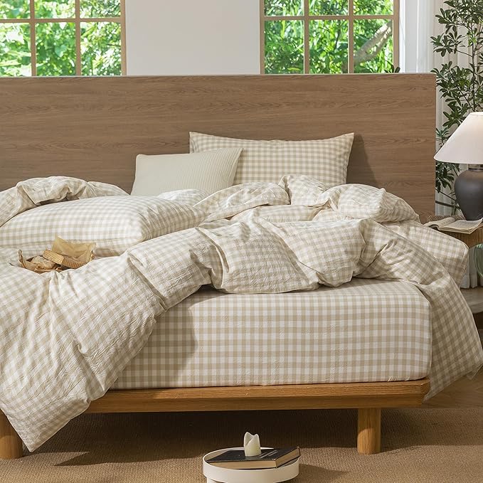 MooMee Gingham Duvet Cover Set 100% Washed Cotton Linen Like Textured Breathable Durable Soft Comfy Modern Checkered Design (Almond Milk Grey Gingham, Oversized Queen 98"x98")