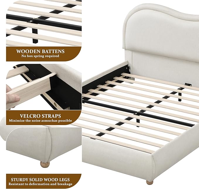 King Size Upholstered Platform Bed Frame, Modern Cloud Bedframe with Headboard, Low Profile Bed Floor Bed Frames with Soft Rounded Corners, No Box Spring Required, Easy Assembly, Chenille Cream