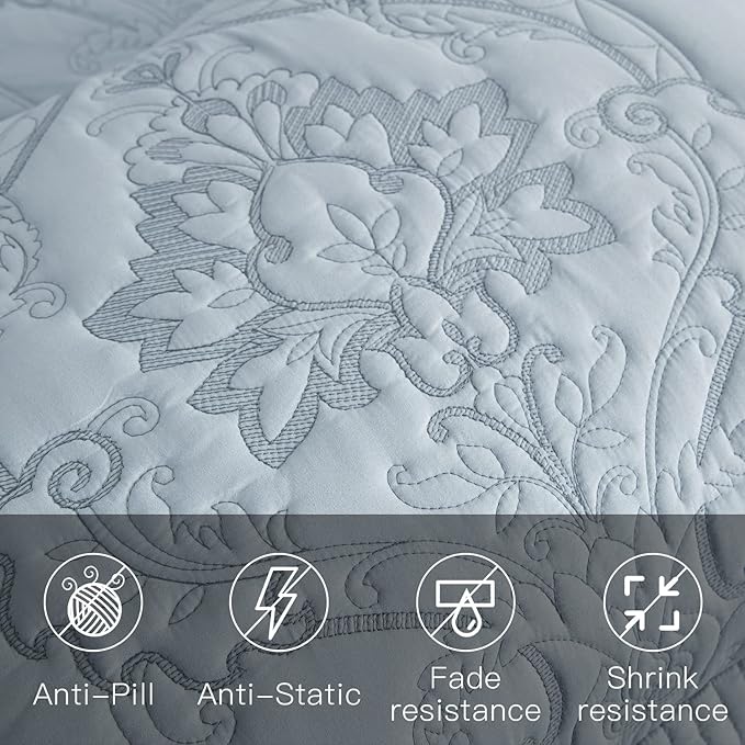 CHIXIN Bedspread Coverlet Set Queen Size - Lightweight Bedding Cover - Beautiful Stitching - 5 Piece Reversible Bedspread - Gorgeous Damask Paisley Pattern (Queen, Light Grey)