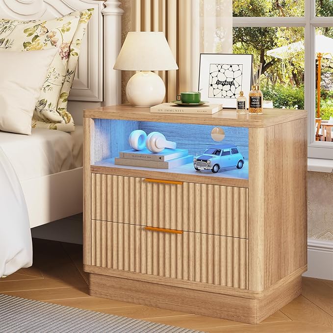 ELYKEN Wood Fluted Nightstand Set of 2, 24" Wide Night Stand with Charging Station & LED Lights, 2 Pack Bedside Table with 2 Drawers and USB & Type-C Port for Bedroom