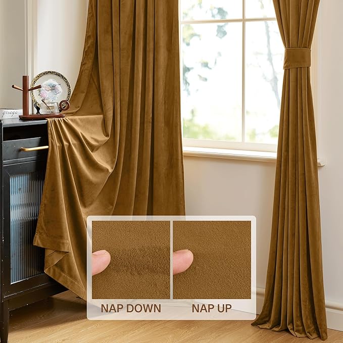 StangH 108 inches Long Gold Brown Velvet Curtains for Bedroom Windows, Thermal Insulated Light Blocking Room Divider Curtains for Sliding Door/Office, W52 x L108, 2 Panels