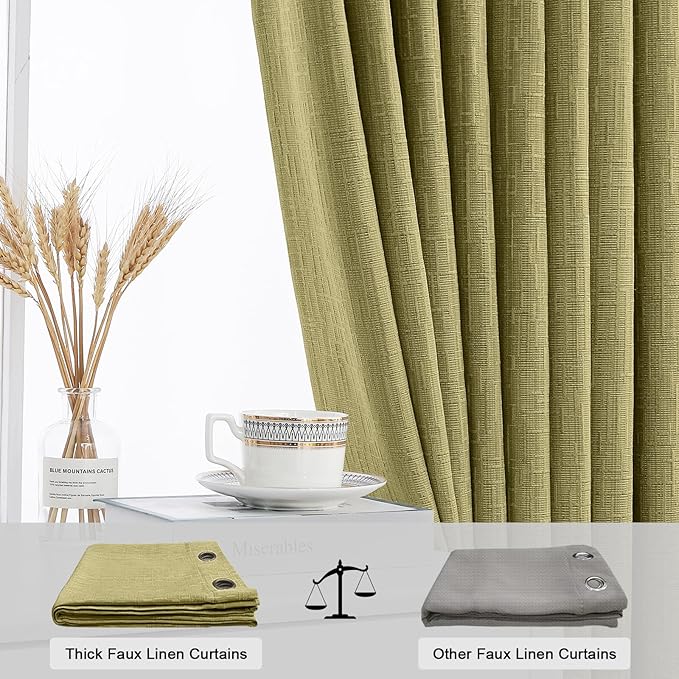 Jacquard Linen Curtains 84 inch Length 2 Panels Thick Faux Linen Blended Window Drapes Burlap Textured Curtains with Grommet for Living Room Bedroom Farmhouse (52x84 Olive Green) Natural