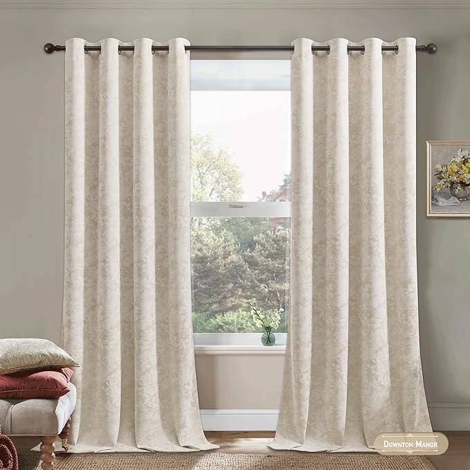 Beauoop Beige Floral Jacquard Blackout Curtains 120 Inches Long 2 Panels for Bedroom Living Room Taupe Flower Chenille Room Darkening Thermal Soundproof Grommet Window Treatments Drapes 52x120