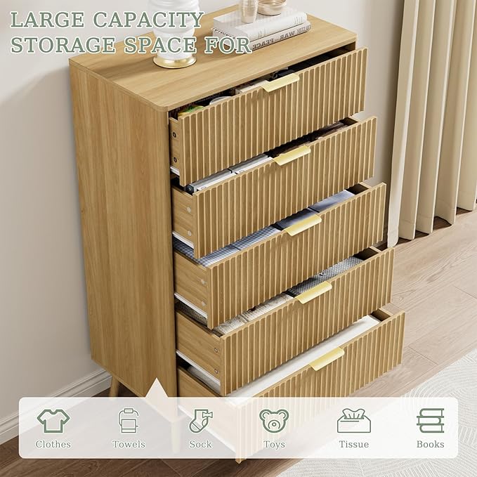 LYNSOM Fluted Dresser and Nightstand Sets 3 Piece, 5-Drawers Dresser and 1-Drawer Nightstands Set of 2, Wood Bedroom Furniture Set for Home, Bedroom, Hallway, Oak