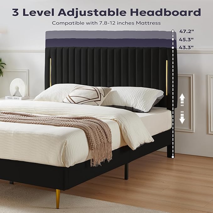 Full Platform Bed Frame, Velvet Upholstered Bedframe with Vertical Channel Adjustable Headboard, Golden Plating Trim, Mattress Foundation with Wooden Slats, No Box Spring Needed, Black