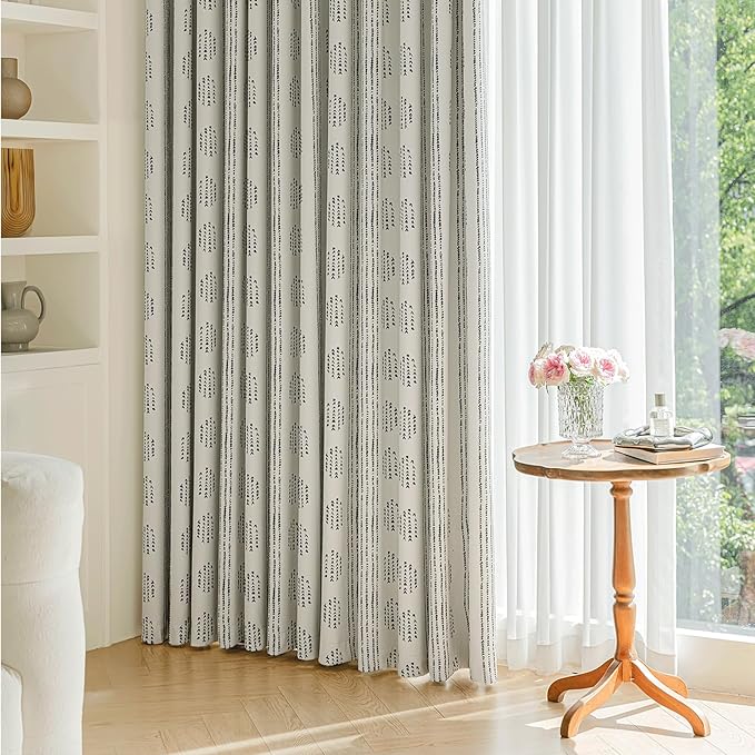 100% Boho Blackout Curtains 63 Inches Long for Bedroom, Black on Beige Patterned Bohemian Curtains for Living Room, Geometric Striped Thermal Insulated Window Drapes Gromment Top 2 Panels