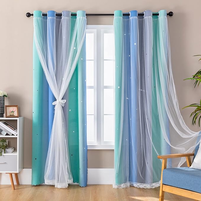 XiDi Curtains for Bedroom Decor, Rainbow BluGrenGrey-52-90
