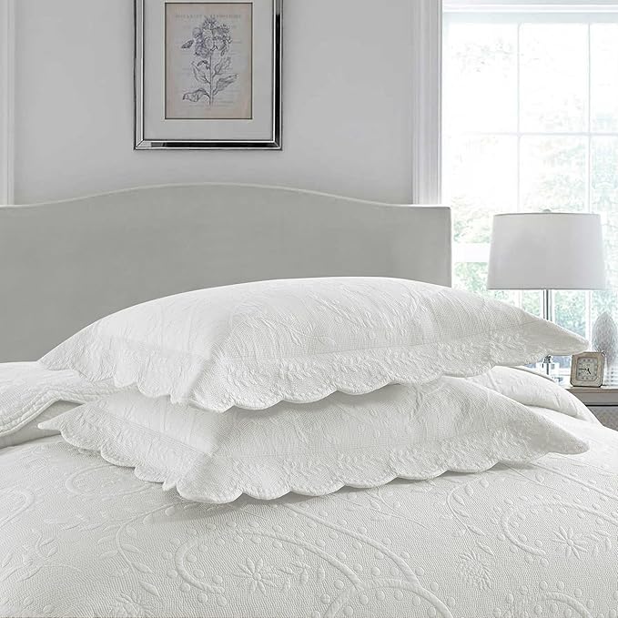 MarCielo 3-Piece 100% Cotton Oversized Bedspread Lightweight Quilt Coverlet Embroidery Farmhouse Bedding Set (TX Bright White, Oversized Queen (100"x106"))